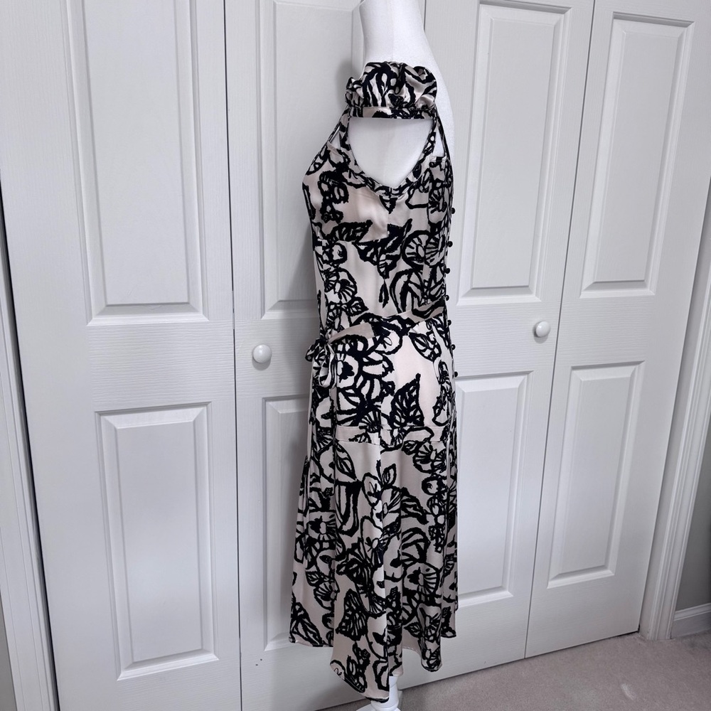 Tracy Reese 100% Silk Black Ivory Belted Drop Waist Midi Dress 8 - Picture 5 of 16